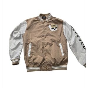 Seven Souls Mens Varsity Jacket XL Beige White Blessed Teddy Bear Bomber Snap...